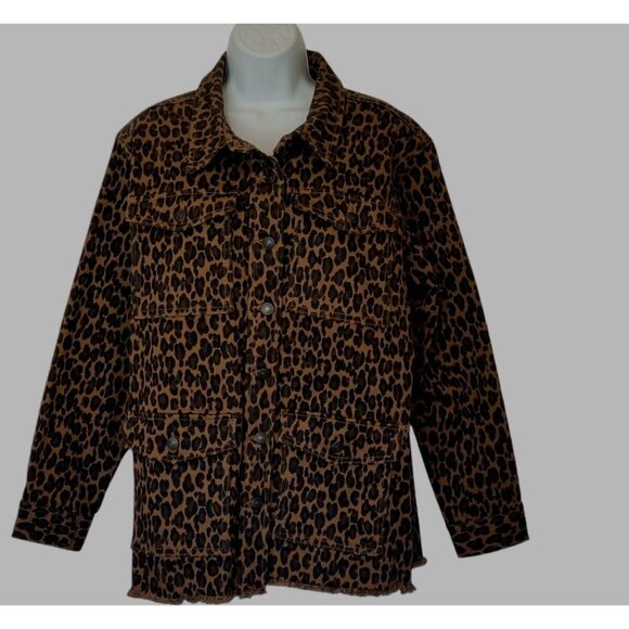 new directions Jackets & Blazers - Jean Jacket Women’s L Leopard Print Raw Hem Brown Boho 4 Pocket Metal Buttons